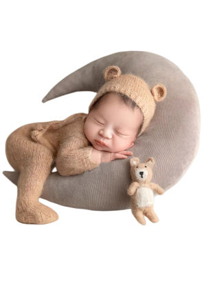 Picture of Fashion Newborn Boys Girls Baby Photo Shoot Props Outfits Crochet Clothes Mohair Hat Pants Photography Props Costume (Khaki)