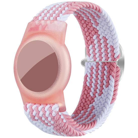 Picture of Bracelet for Kids Compatible with AirTag, Nylon Stretch Braided Air Tag Wristband, Protective Case for Airtag GPS Tracker Holder, Adjustable Elastic Watch Band for Toddler Child Elder (Pink & White)