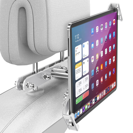 Picture of AboveTEK Tablet Holder for Car Headrest- Anti-Theft iPad Car Holder Back Seat, Secure Locking System with 360° Swivel, Universal for 4-11" Tablets, Durable Aluminum Mount for Travel & Business, Silver