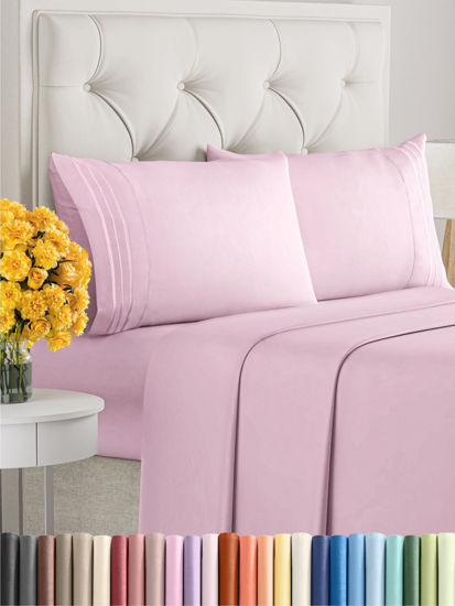 Picture of Cal King Size 4 Piece Sheet Set - Comfy Breathable & Cooling Sheets - Hotel Luxury Bed Sheets for Women & Men - Deep Pockets, Microfiber, Soft & Wrinkle Free Sheets - Light Pink Oeko-Tex Bed Sheet Set