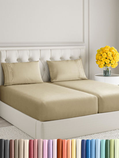Picture of Split King Size 5 Piece Sheet Set - Comfy Breathable & Cooling Sheets - Hotel Luxury Bed Sheets for Women and Men - Deep Pockets, Microfiber, Soft & Wrinkle Free Sheets - Beige Oeko-Tex Bed Sheet Set
