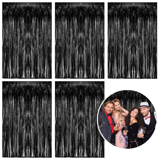 Picture of 5 Pack Foil Curtain Backdrop Black Metallic Tinsel Foil Fringe Curtains Photo Booth Props for Birthday Wedding Engagement Baby Shower Bachelorette Christmas Holiday Celebration Party Decorations