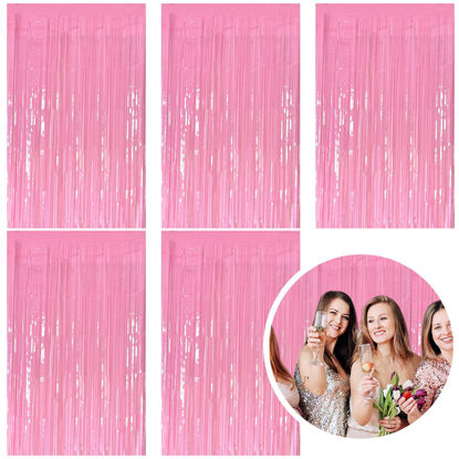 Picture of 5 Pack Foil Curtain Pink Backdrop Streamers Metallic Tinsel Fringe Curtains Photo Booth Props for Birthday Wedding Engagement Bachelorette Christmas Holiday Celebration Party Decorations
