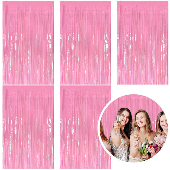 Picture of 5 Pack Foil Curtain Pink Backdrop Streamers Metallic Tinsel Fringe Curtains Photo Booth Props for Birthday Wedding Engagement Bachelorette Christmas Holiday Celebration Party Decorations