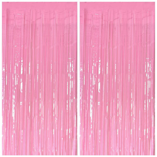 Picture of 2 Pack Foil Curtain Pink Backdrop Streamers Metallic Tinsel Fringe Curtains Photo Booth Props for Birthday Wedding Engagement Bachelorette Christmas Holiday Celebration Party Decorations