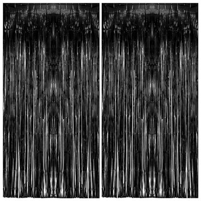Picture of 2 Pack Foil Curtain Backdrop Black Metallic Tinsel Foil Fringe Curtains Photo Booth Props for Birthday Wedding Engagement Baby Shower Bachelorette Christmas Holiday Celebration Party Decorations
