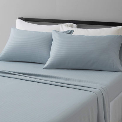 Picture of Amazon Basics Deluxe Microfiber Sheet Set, 4 pieces, Queen, Spa Blue Striped