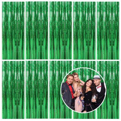 Picture of 10 Pack Foil Curtain Backdrop Green Metallic Tinsel Foil Fringe Curtains Photo Booth Props for Birthday Wedding Engagement Baby Shower Bachelorette Christmas Holiday Celebration Party