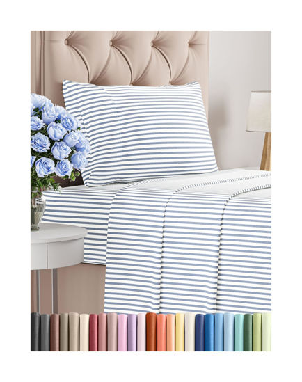 Picture of Twin Size 3 Piece Sheet Set - Comfy Breathable & Cooling Bed Sheets Set - Hotel Luxury Bedding for Women, Men, Kids & Teens - Deep Pockets, Easy-Fit, Soft and Wrinkle Free - Oeko-Tex - Blue Stripes