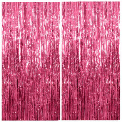 Picture of 2 Pack Foil Curtain Backdrop Pink Metallic Tinsel Foil Fringe Curtains Photo Booth Props for Birthday Wedding Engagement Baby Shower Bachelorette Christmas Holiday Celebration Party Decorations