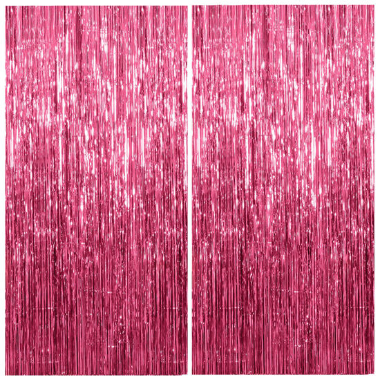 Picture of 2 Pack Foil Curtain Backdrop Pink Metallic Tinsel Foil Fringe Curtains Photo Booth Props for Birthday Wedding Engagement Baby Shower Bachelorette Christmas Holiday Celebration Party Decorations