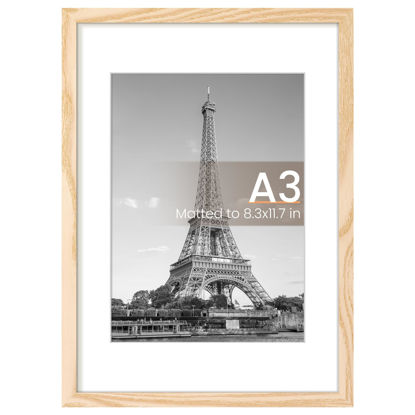 Picture of upsimples A3 Picture Frame, Display Pictures 8.3x11.7 with Mat or 11.7 x 16.5 Without, Wall Hanging Poster Frames, Natural, 1 Pack