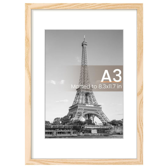 Picture of upsimples A3 Picture Frame, Display Pictures 8.3x11.7 with Mat or 11.7 x 16.5 Without, Wall Hanging Poster Frames, Natural, 1 Pack