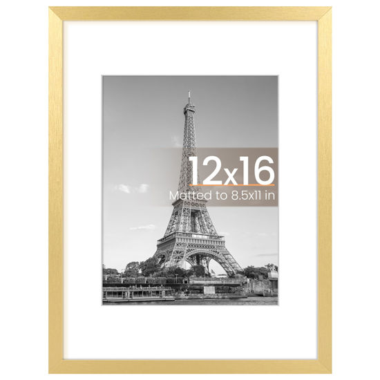 Picture of upsimples 12x16 Picture Frame, Display Pictures 8.5x11 with Mat or 12x16 Without Mat, Wall Hanging Photo Frame, Gold, 1 Pack