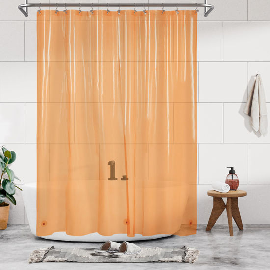 Picture of Barossa Design Clear Orange Long Shower Curtain Liner 78" Height - 3 Magnets & Waterproof Lightweight PEVA Shower Liner for Bath Tub, PVC Free, Metal Grommets, Clear Orange, 72x78