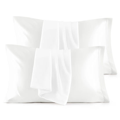 Picture of Bedsure Satin Pillowcase Standard Set of 4 - Pure White Silky, for Hair and Skin 20x26 Inches, Pillow Covers with Envelope Closure, Similar to Silk Pillow Cases, Gifts for Women Men