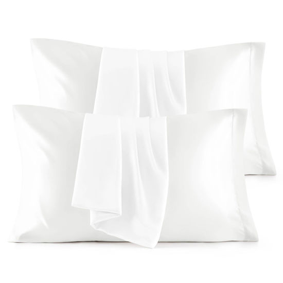 Picture of Bedsure Satin Pillowcase for Hair and Skin Queen - Pure White Silky Pillowcase - Set of 4 with Envelope Closure, Similar to Silk Pillow Cases, Gifts for Women Men, 20x30 Inches