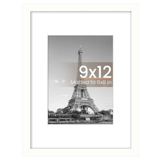 Picture of upsimples 9x12 Picture Frame, Display Pictures 6x8 with Mat or 9x12 Without Mat, Wall Hanging Photo Frame, White, 1 Pack