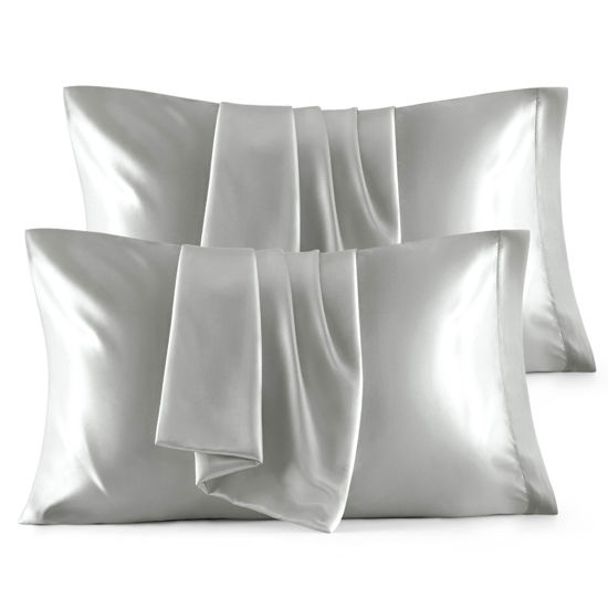 Picture of Bedsure Satin Pillowcase Standard Set of 4 - Silver Grey Silky Pillow Cases for Hair and Skin 20x26 Inches, Pillow Covers with Envelope Closure, Gifts for Women Men