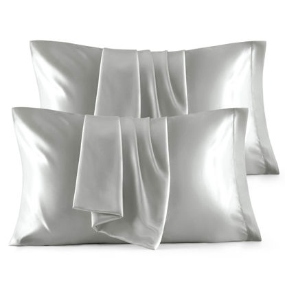 Picture of Bedsure Satin Pillowcase for Hair and Skin Queen - Silver Grey Silky Pillowcase 20x30 Inches - Set of 4 with Envelope Closure, Similar to Silk Pillow Cases, Gifts for Women Men