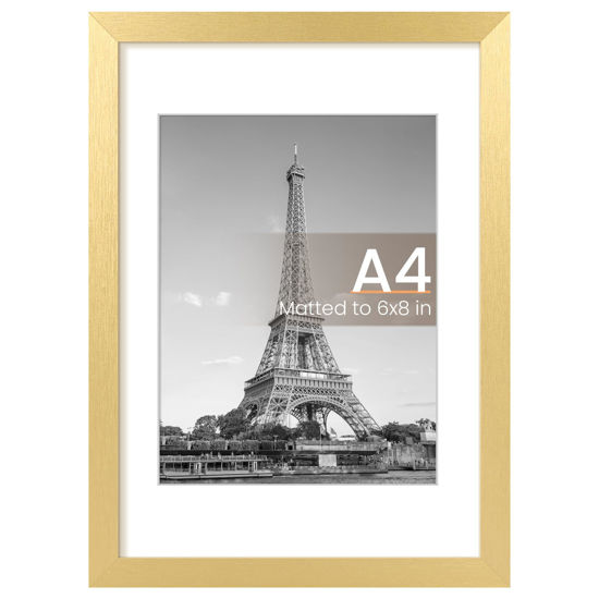 Picture of upsimples A4 Picture Frame, Display Pictures 6x8 with Mat or 8.3x11.7 Without Mat, Wall Hanging Photo Frame, Gold, 1 Pack