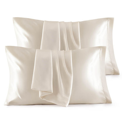 Picture of Bedsure Satin Pillowcase, Beige, Standard Set of 4 - Silky Pillow Covers for Hair and Skin 20x26 Inches with Envelope Closure, Similar to Silk Pillow Cases, Gifts for Women Men