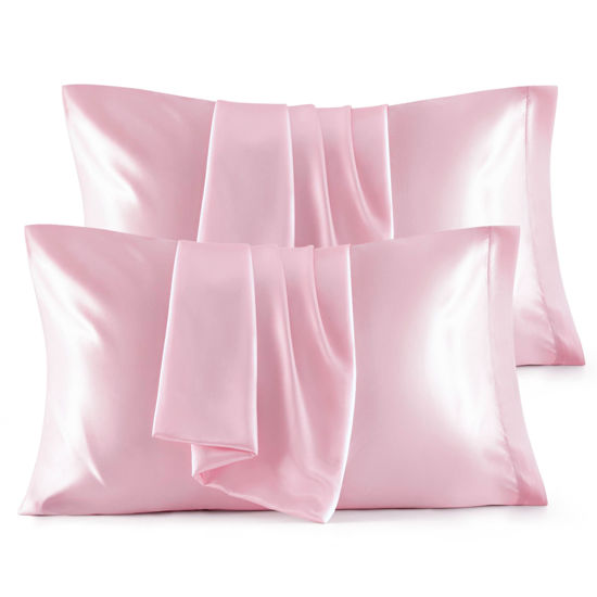 Picture of Bedsure King Size Satin Pillowcase Set of 4 - Pink Silky Pillow Cases for Hair and Skin 20x36 Inches, Pillow Covers with Envelope Closure, Similar to Silk Pillow Cases, Gifts for Women Men