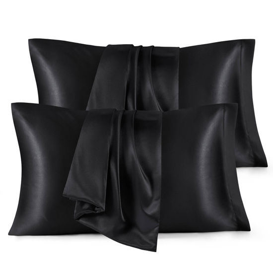 Picture of Bedsure Satin Pillowcases Standard Set of 4 - Black Silk Pillow Cases for Hair and Skin 20x26 inches, Satin Pillow Covers 4 Pack with Envelope Closure, Gifts for Women Men
