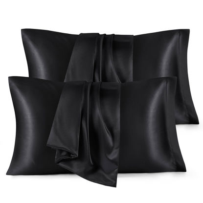 Picture of Bedsure King Size Satin Pillowcase Set of 4 - Black Pillow Covers for Hair and Skin 20x36 Inches with Envelope Closure, Similar to Silk Pillow Cases, Gifts for Women Men
