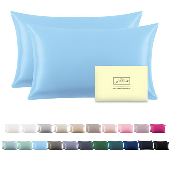 Picture of Silk Pillow Cases 2 Pack Soft Breathable and Sliky Queen Size Pillow Cases Set of 2,Natural Mulberry Satin Silk Pillowcase with Hidden Zipper for Hair and Skin (Sky Blue,20"X 30",2pcs)