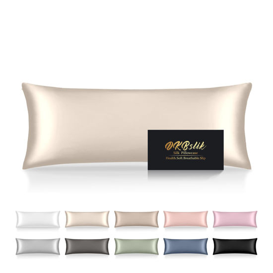 Picture of Silk Body Pillow Cases, Mulberry Silk Body Pillow Cover with Zipper, Smooth, Anti Acne, Cooling Sleep Both Sides Natural Silk Satin 20x54 Body Pillowcase, Gifts for Women Men, Beige