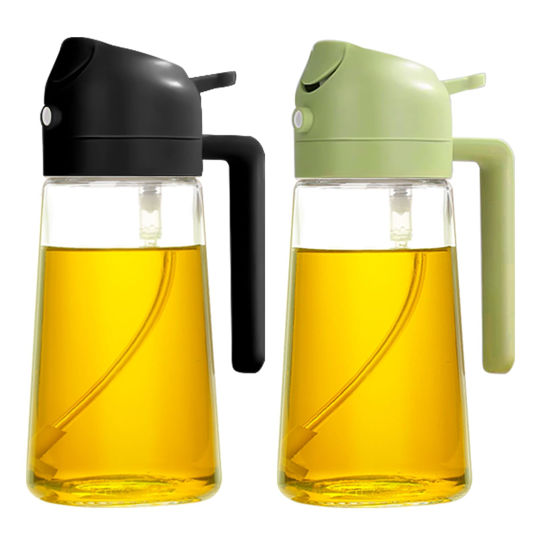 Picture of YARRAMATE Olive Oil Dispenser, 2 in 1 Oil Sprayer for Cooking, 16oz/470ml Glass Oil Spray Bottle with Pourer, Food-grade Oil Dispenser and Oil Sprayer for Kitchen, Salad, Frying, BBQ (Black & Green)