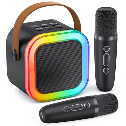 Picture of Karaoke Machine for Kids Adults, Portable Bluetooth Mini Karaoke Microphone Singing Speaker with 2 Wireless Mic and Light,Toys for All Smartphones,Birthday, Family,Home Party (Black)