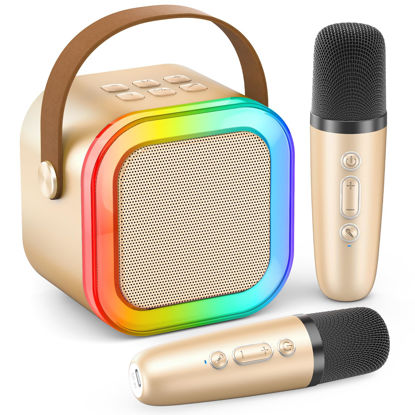 Picture of Karaoke Machine for Kids Adults, Portable Bluetooth Mini Karaoke Microphone Singing Speaker with 2 Wireless Mic and Light,Toys for All Smartphones,Birthday, Family,Home Party (Gold)