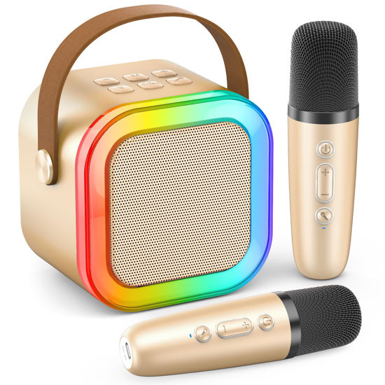 Picture of Karaoke Machine for Kids Adults, Portable Bluetooth Mini Karaoke Microphone Singing Speaker with 2 Wireless Mic and Light,Toys for All Smartphones,Birthday, Family,Home Party (Gold)