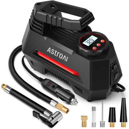 Picture of AstroAI Tire Inflator Portable Air Compressor Tire Air Pump for Car Tires - Car Accessories, 12V DC Auto Pump with Digital Pressure Gauge, Emergency LED Light for Bicycle, Balloons, Red