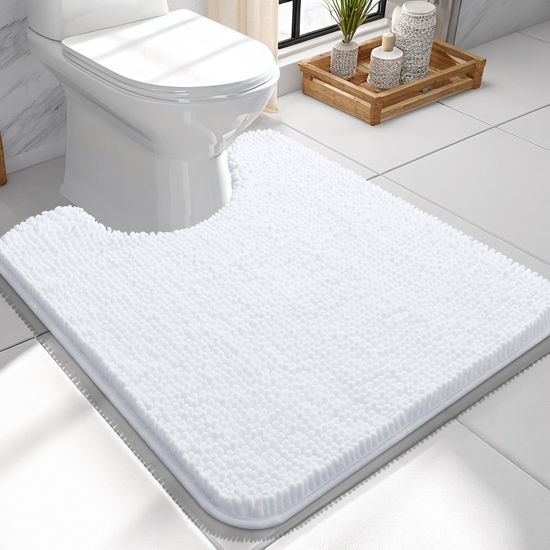 Picture of OLANLY Toilet Rugs U-Shaped 24x24, Extra Soft Absorbent Chenille Contour Bathroom Rugs for Toilet, Dry Quickly, Machine Washable, Non-Slip Toilet Bath Mat, White