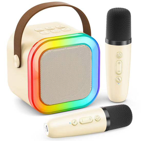 Picture of Karaoke Machine for Kids Adults, Portable Bluetooth Mini Karaoke Microphone Singing Speaker with 2 Wireless Mic and Light,Toys for All Smartphones,Birthday, Family,Home Party (Beige)