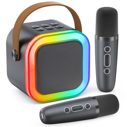 Picture of Karaoke Machine for Kids Adults, Portable Bluetooth Mini Karaoke Microphone Singing Speaker with 2 Wireless Mic and Light,Toys for All Smartphones,Birthday, Family,Home Party (Space Gray)