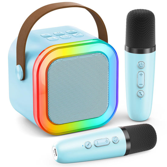 Picture of Karaoke Machine for Kids Adults, Portable Bluetooth Mini Karaoke Microphone Singing Speaker with 2 Mic and Light,Toys for All Smartphones,Birthday, Family,Home Party (Blue)