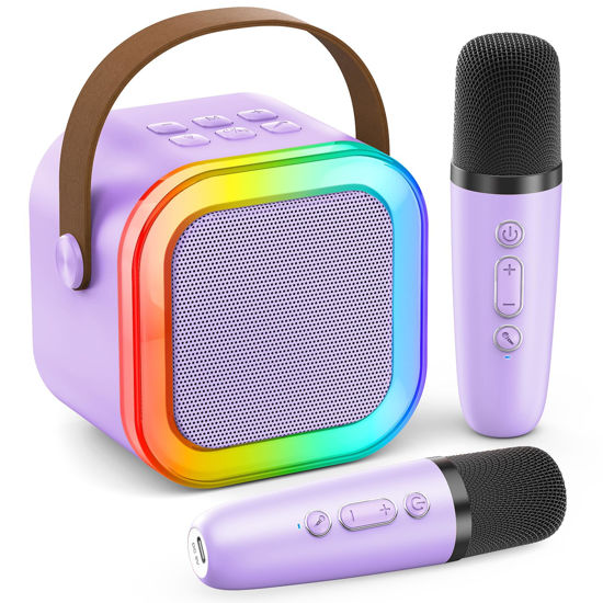 Picture of Karaoke Machine for Kids Adults, Portable Bluetooth Mini Karaoke Microphone Singing Speaker with 2 Wireless Mic and Light,Toys for All Smartphones,Birthday, Family,Home Party (Purple)