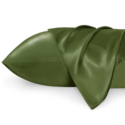 Picture of Bedsure Satin Pillowcase 2 Pack Similar to Silk Pillow Cases Standard Size, Pillow Case for Sleeping Women with Envelope Closure, Gifts for Women Men, Olive Green, 20x26 Inches