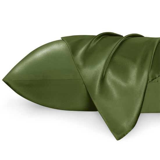 Picture of Bedsure Satin Pillowcase 2 Pack Similar to Silk Pillow Cases Standard Size, Pillow Case for Sleeping Women with Envelope Closure, Gifts for Women Men, Olive Green, 20x26 Inches
