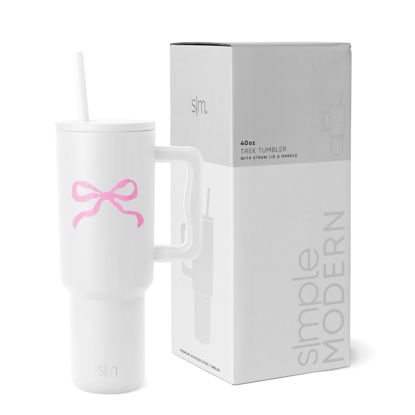 Picture of Simple Modern 40 oz Tumbler with Handle and Straw Lid | Insulated Reusable Stainless Steel Water Bottle Travel Mug Cupholder Friendly | Gift for Women Men | Trek Collection | Pink Bow
