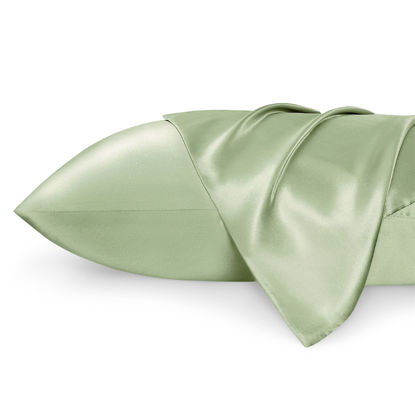 Picture of Bedsure Satin Pillowcase for Hair and Skin Queen - Sage Green Silky Pillowcase 20x30 Inches - Satin Pillow Cases Set of 2 with Envelope Closure, Similar to Silk Pillow Cases, Gifts for Women Men