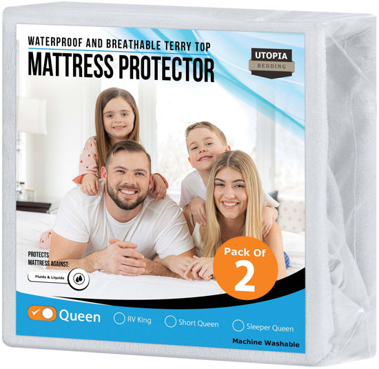 Picture of Utopia Bedding Waterproof Mattress Protector Queen Size 2 Pack, 200 GSM Breathable Terry Mattress Cover, Fitted Style with Stretchable Pockets (White)