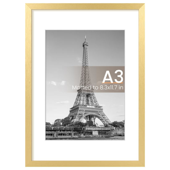 Picture of upsimples A3 Picture Frame, Display Pictures 8.3x11.7 with Mat or 11.7x16.5 Without Mat, Wall Hanging Photo Frame, Gold, 1 Pack