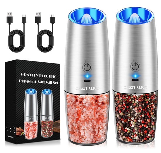 Picture of Sweet Alice Rechargeable Electric Pepper and Salt Grinder Set, No Battery Needed, whit Gravity Sensing Switch and LED Light, One Hand Automatic Operation, Sliver 2 Pack