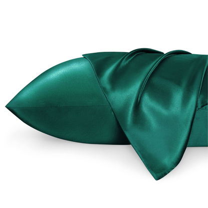 Picture of Bedsure King Size Satin Pillowcase Set of 2 - Dark Green Silky Pillow Cases for Hair and Skin with Envelope Closure, Similar to Silk Pillow Cases, Gifts for Women Men, 20x36 Inches