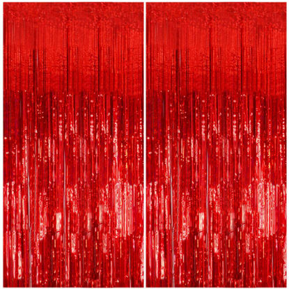Picture of K.E.J. 2 Pack Foil Curtain Backdrop Red Metallic Tinsel Foil Fringe Curtains Photo Booth Props for Birthday Wedding Engagement Baby Shower Bachelorette Christmas Holiday Celebration Party Decorations